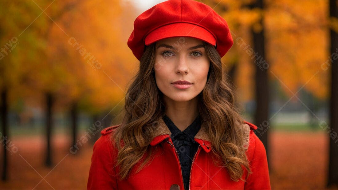 Modelo mulher outono chapéu vermelho