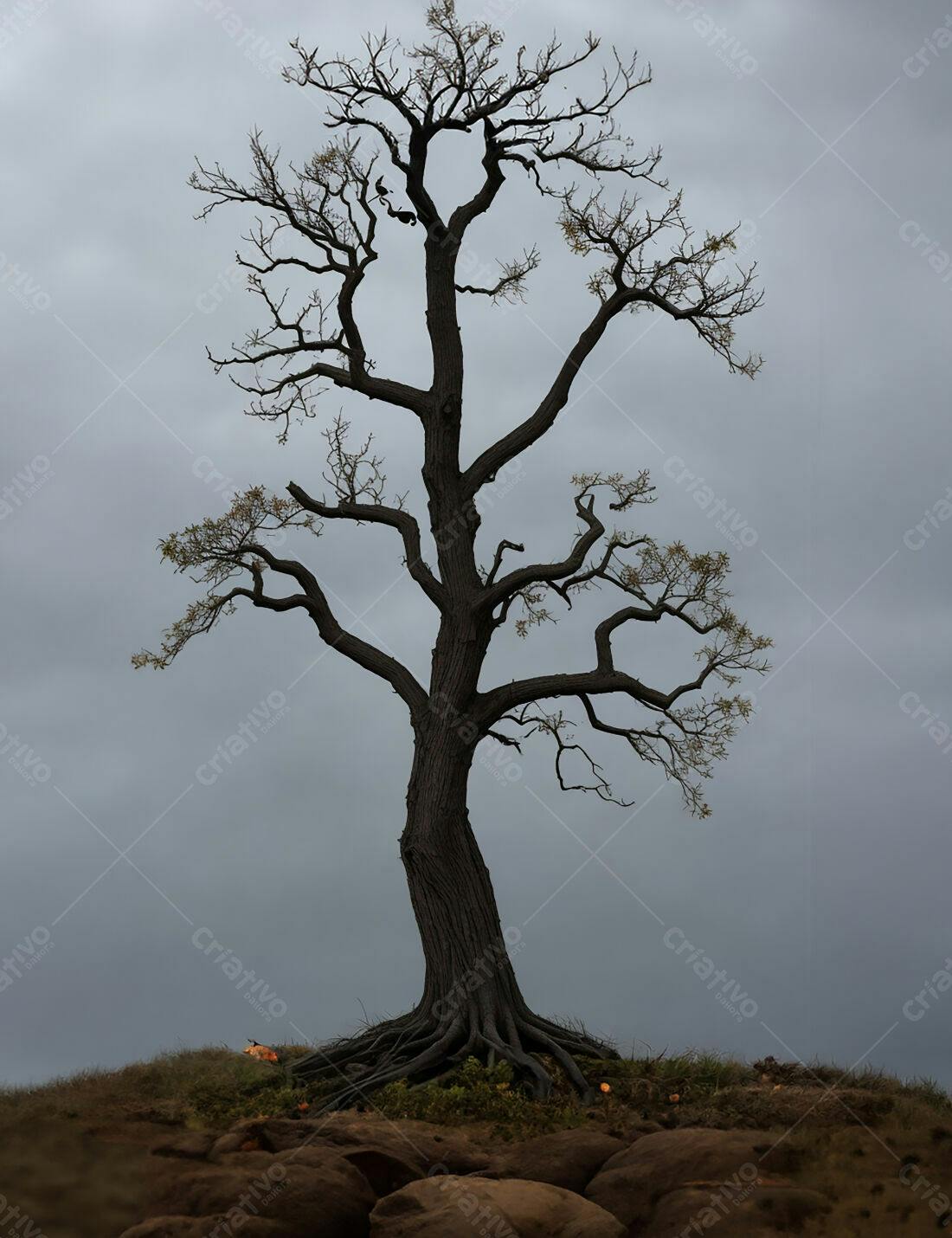 Árvore solitária em colina rochosa