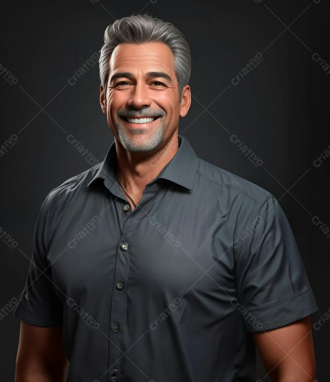 Homem sorridente camisa cinza fundo escuro