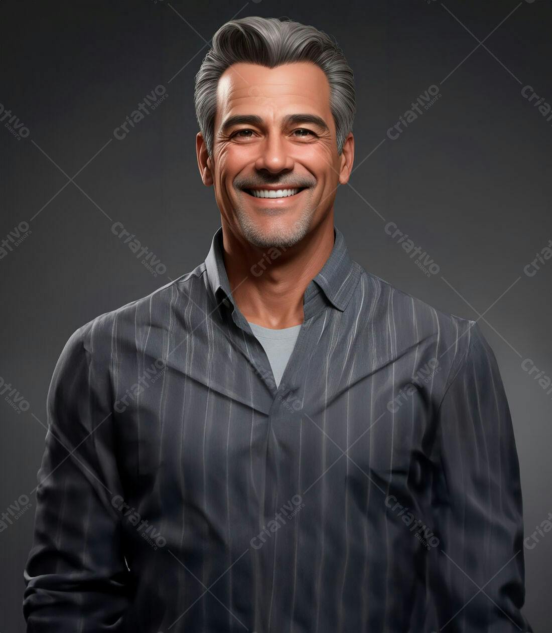 Homem sorridente camisa cinza fundo escuro