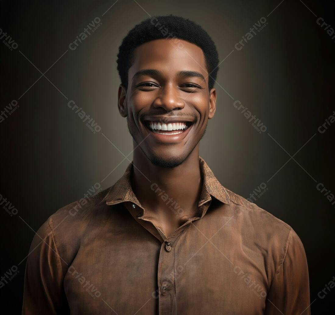 Homem negro sorrindo camisa marrom
