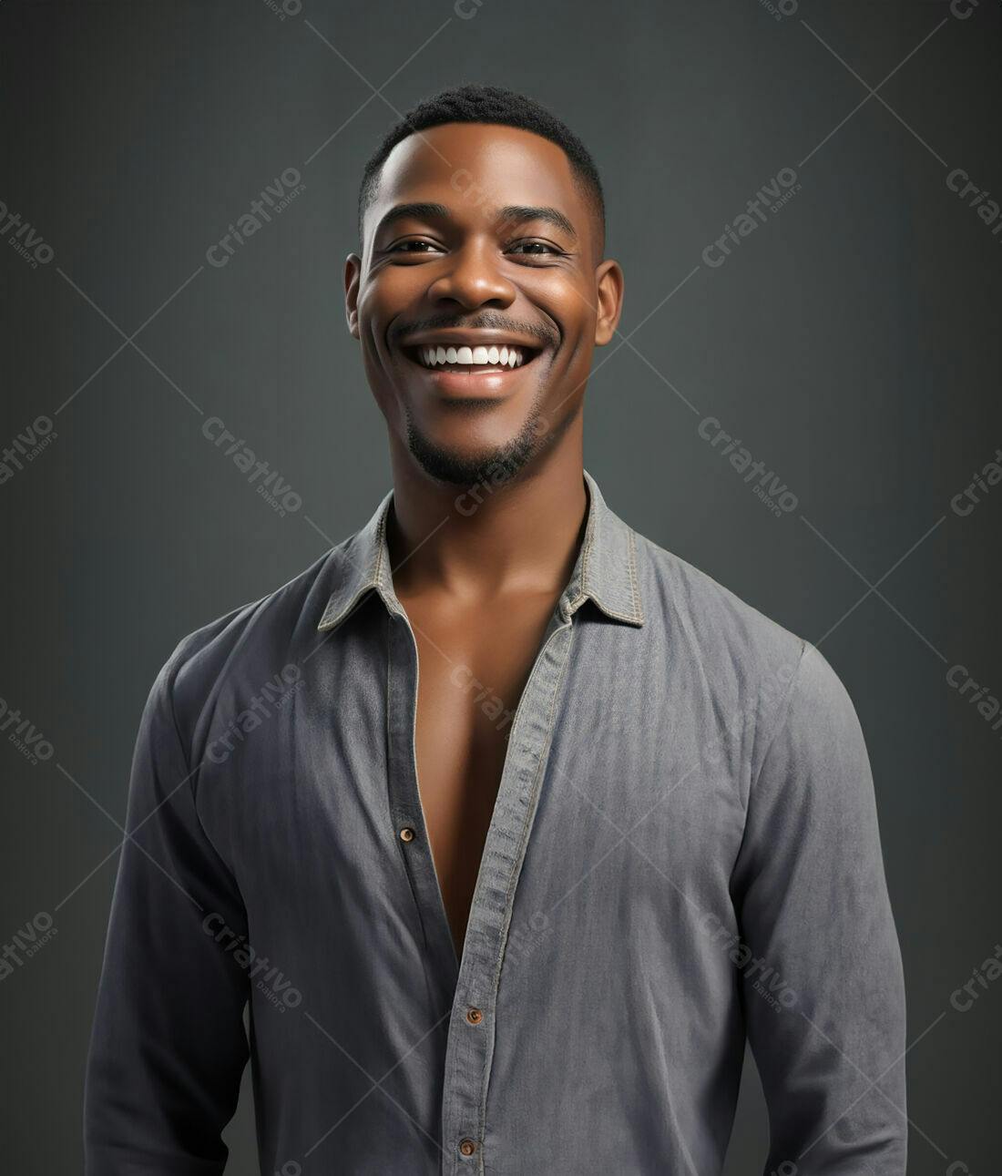 Homem negro sorrindo camisa cinza fundo cinza