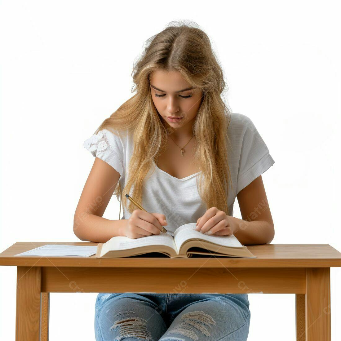 Estudante escrevendo em livro mesa estudo