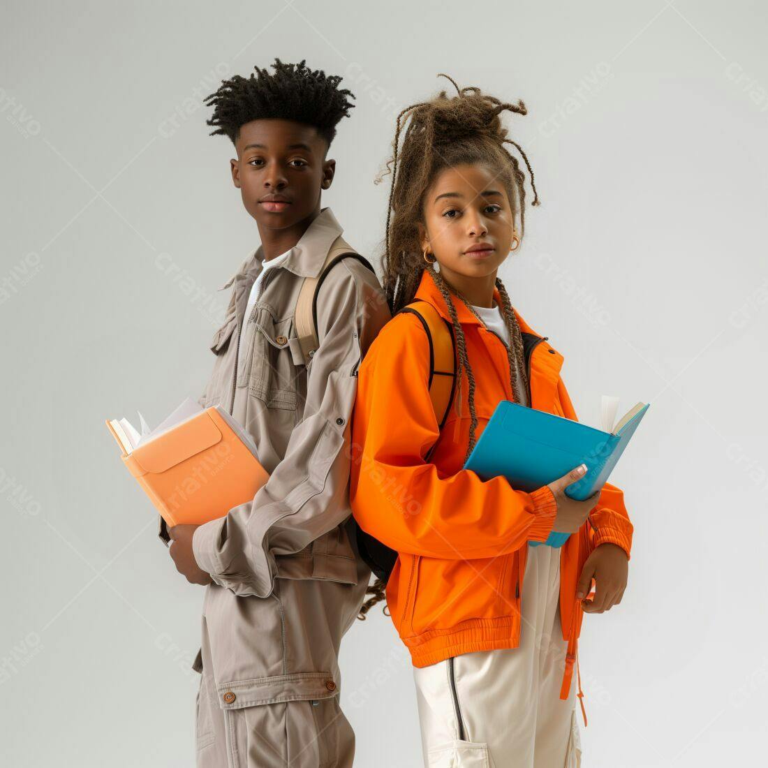 Estudantes afroamericanos com livros e mochilas