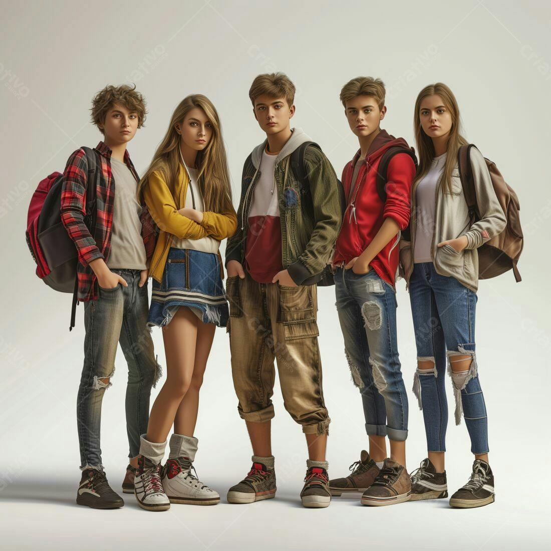Adolescentes estilosos com mochilas fundo branco