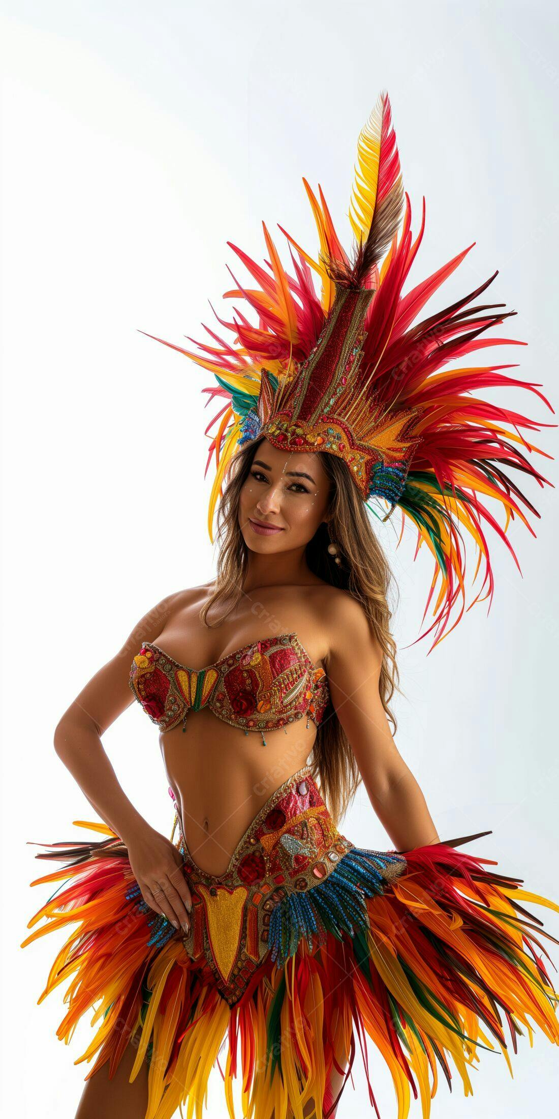 Bailarina com fantasia de penas vibrantes