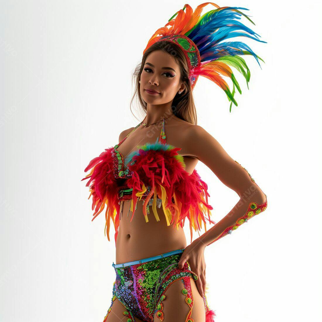 Modelo em fantasia de Carnaval com penas coloridas