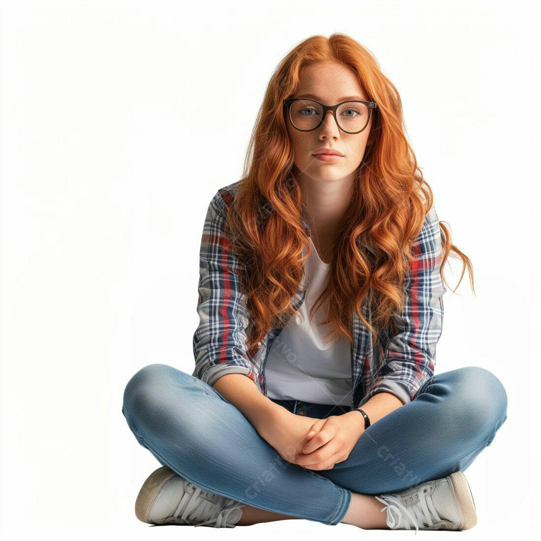 Adolescente ruiva sentada de pernas cruzadas