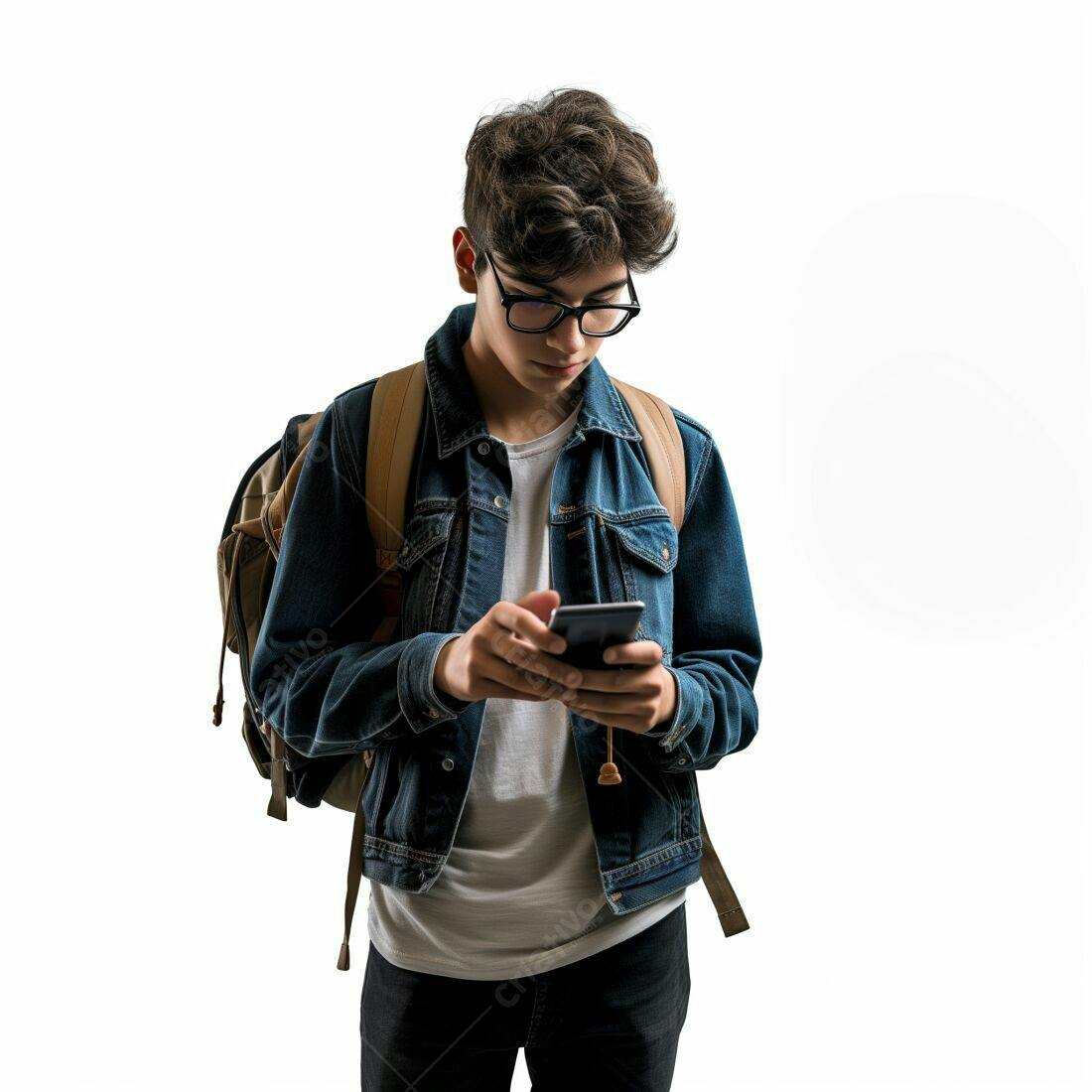 Adolescente usando celular com mochila