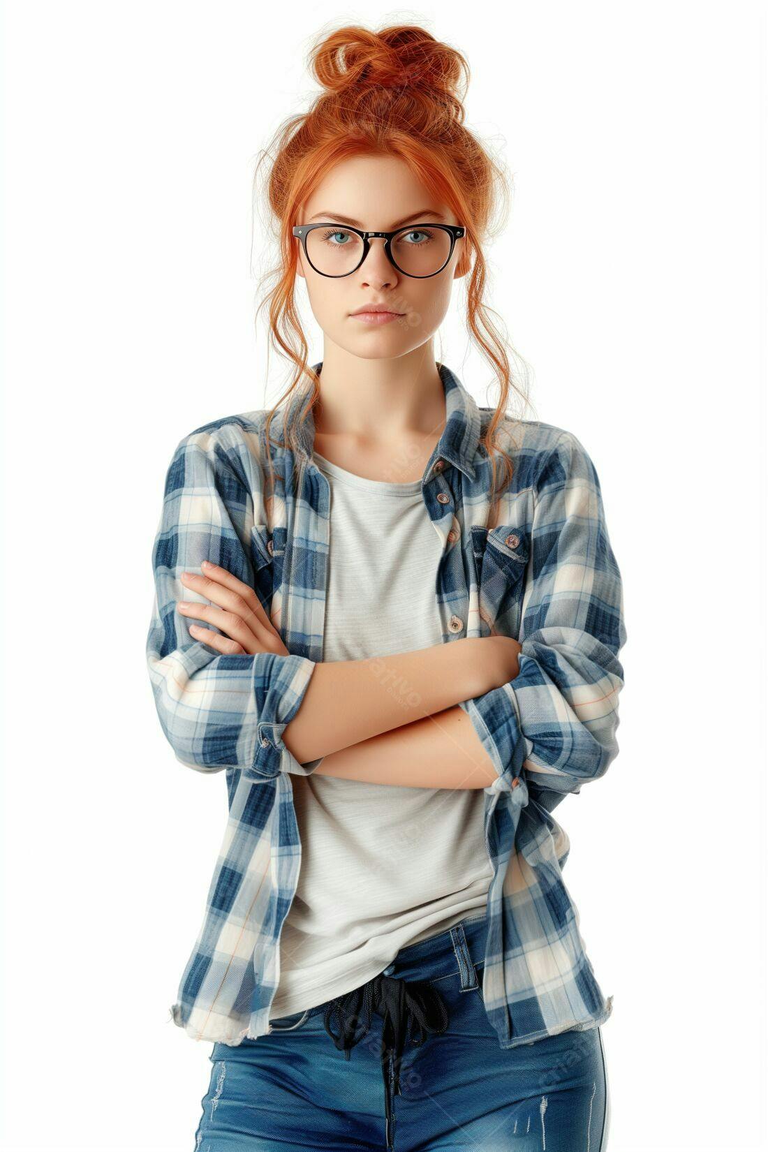 Mulher ruiva com óculos de grau e camisa xadrez