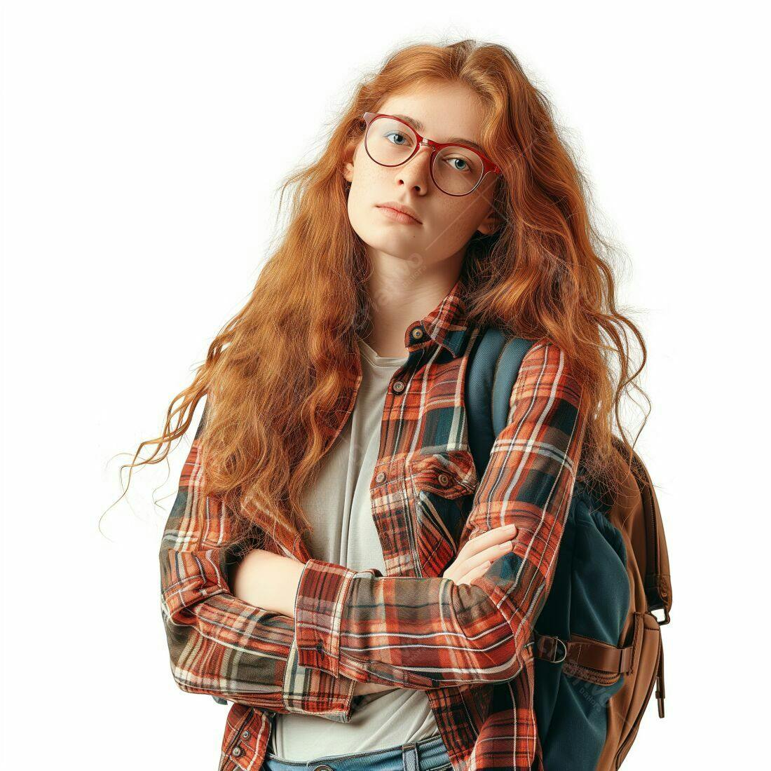 Jovem ruiva com óculos usando camisa xadrez
