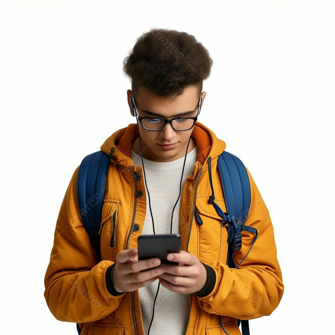 Adolescente com celular e mochila usando fone de ouvido