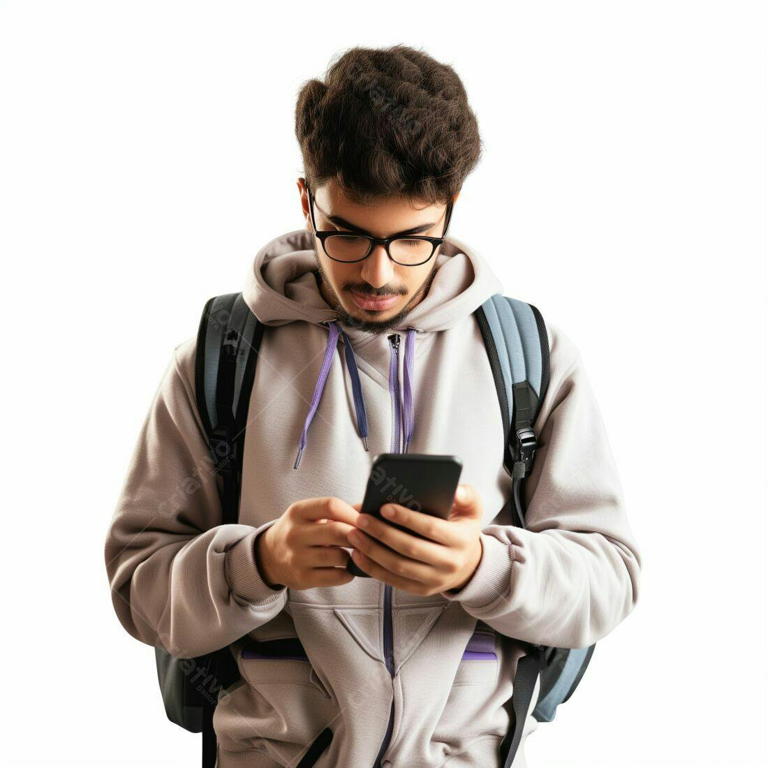 Estudante usando celular com mochila