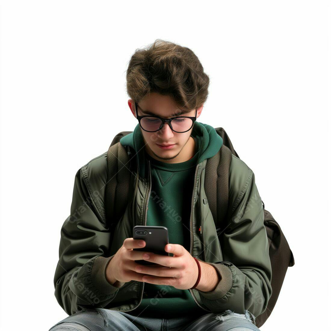 Adolescente usando smartphone fundo branco