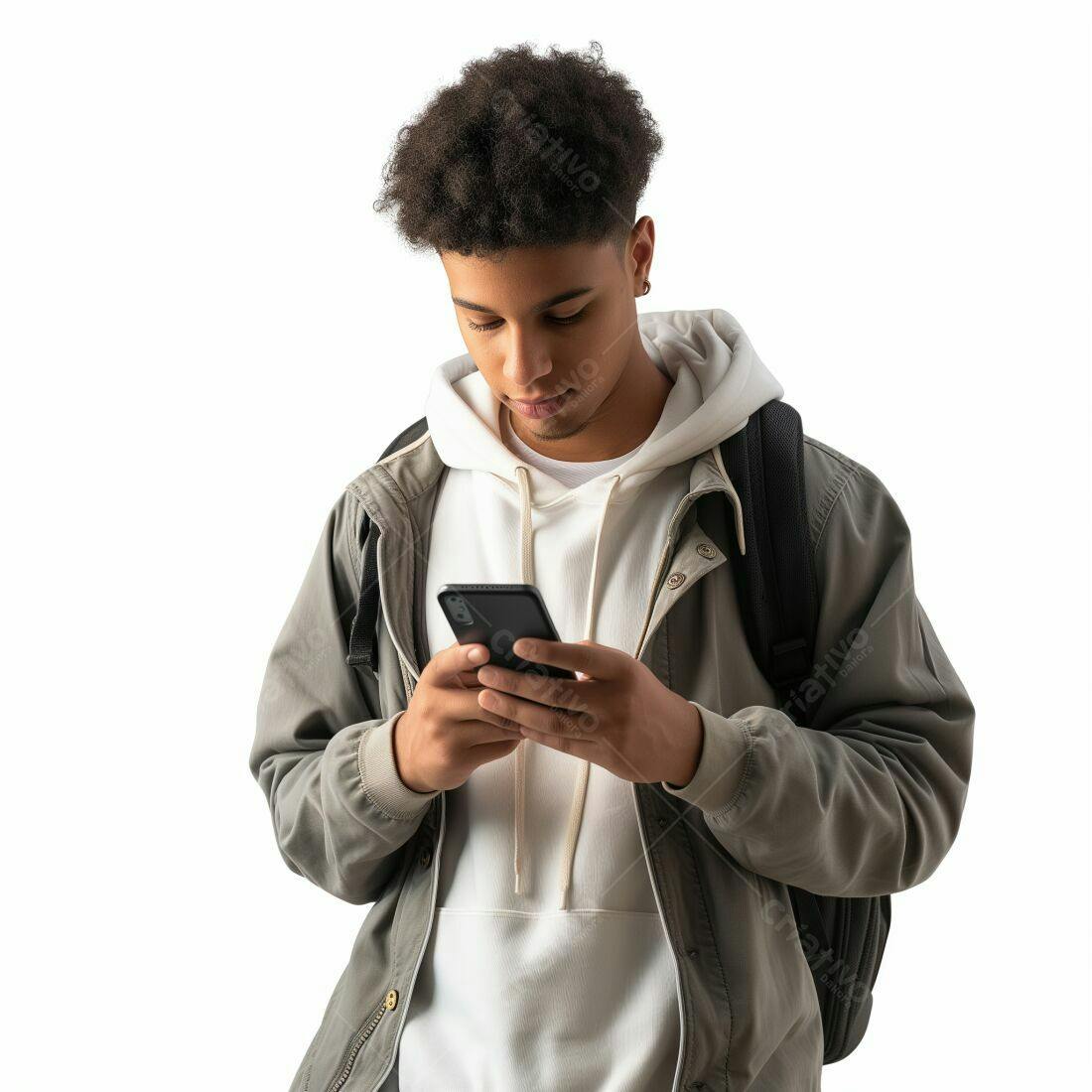 Homem jovem usando celular fundo branco