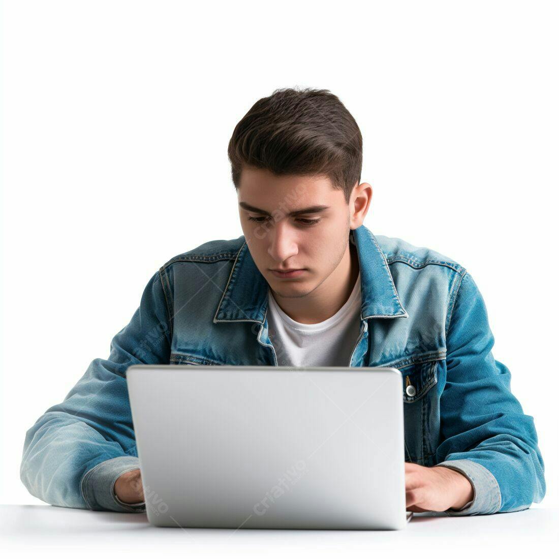 Homem jovem usando laptop fundo branco