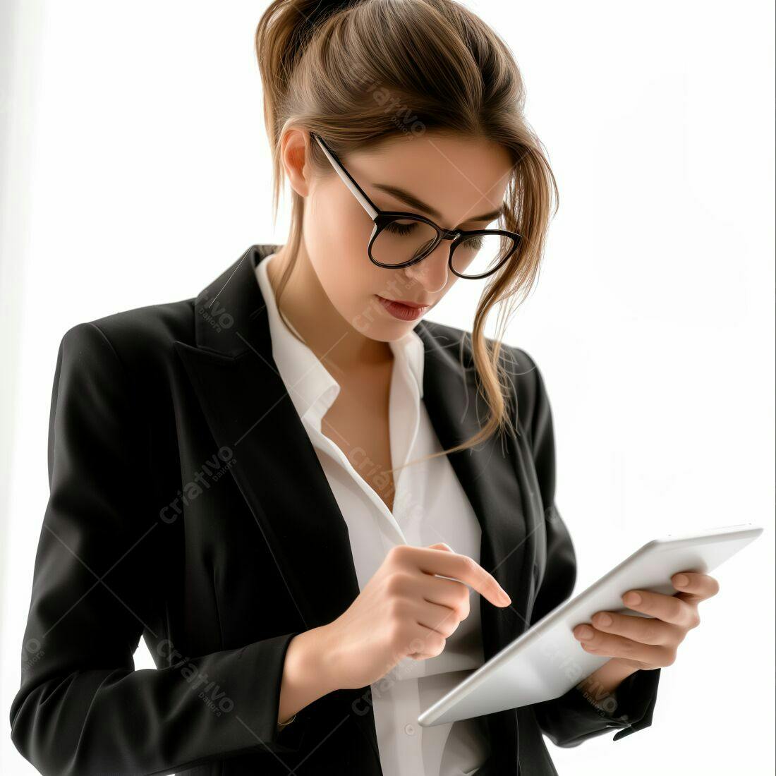 Executiva usando tablet em fundo branco