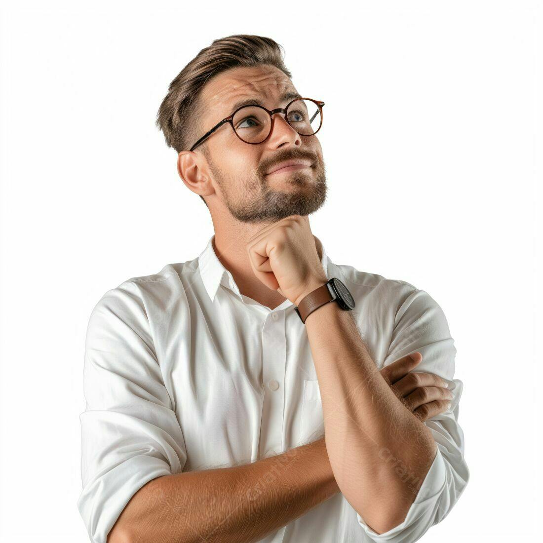Homem pensativo camisa branca fundo branco