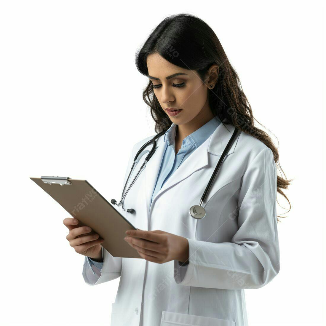 Médica revisando prontuário em seu consultório