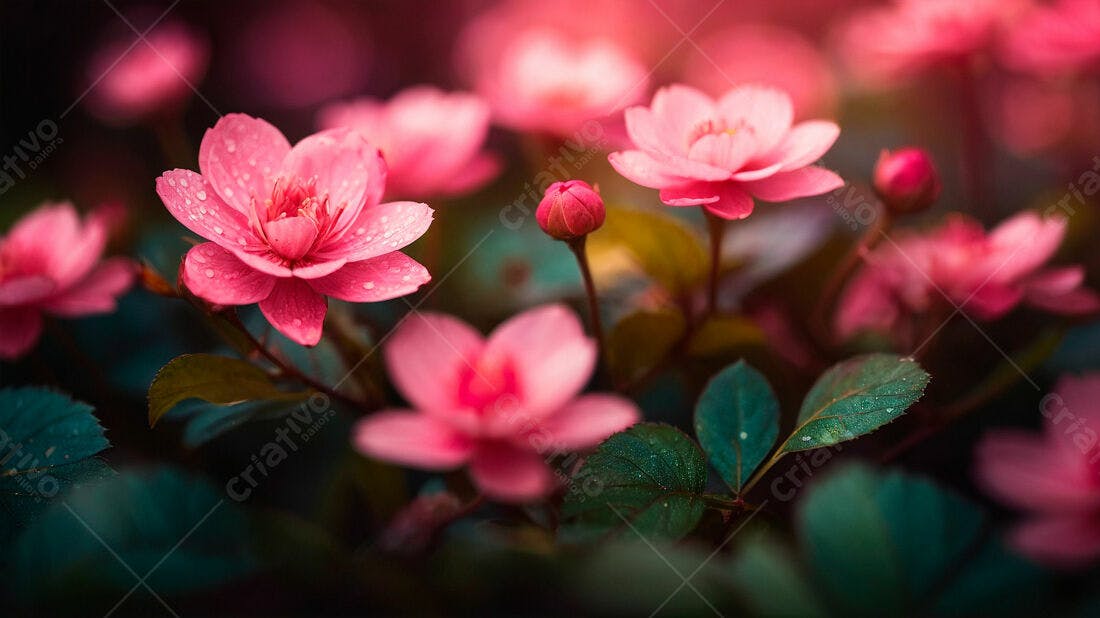Flores cor-de-rosa com gotas d'água