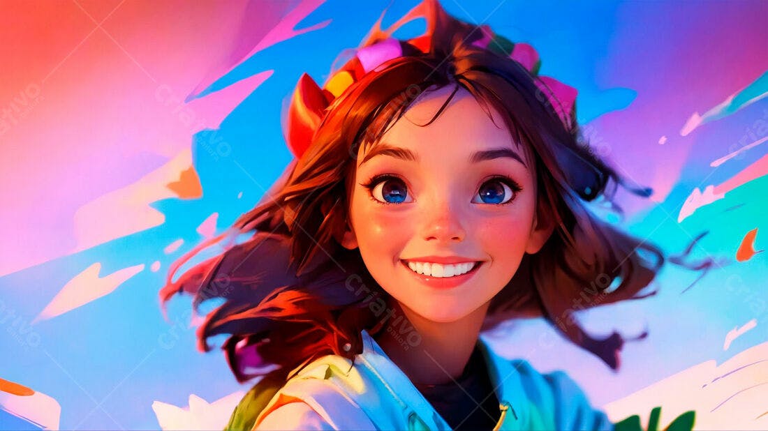 Menina sorridente com cabelo ruivo fundo colorido