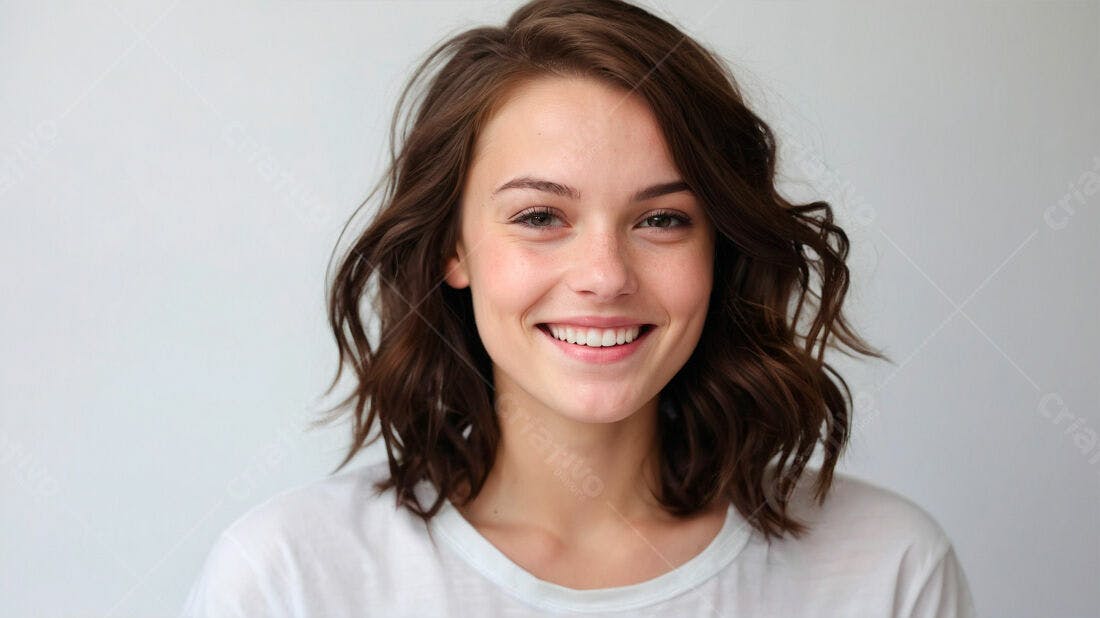 Mulher jovem sorrindo fundo branco
