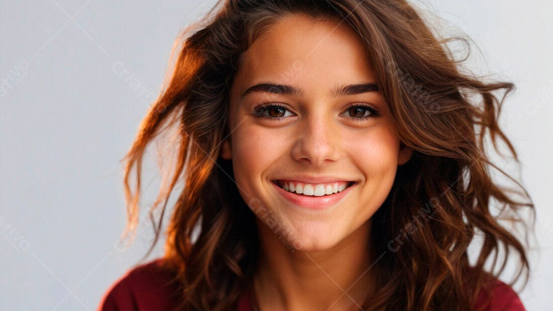 Sorriso radiante de jovem mulher cabelos castanhos