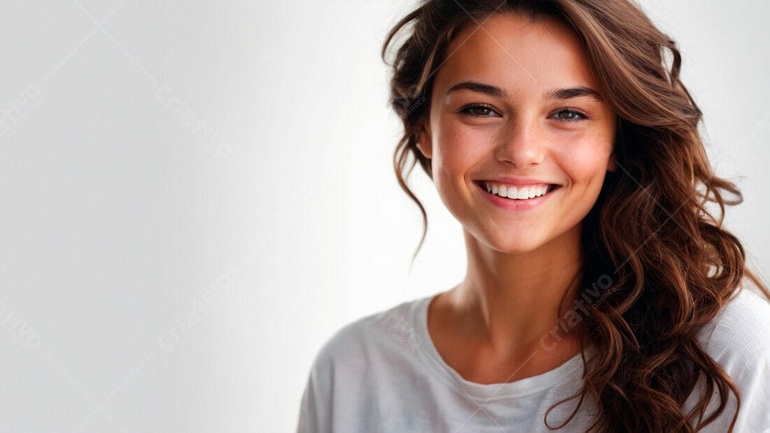 Mulher jovem sorrindo fundo branco