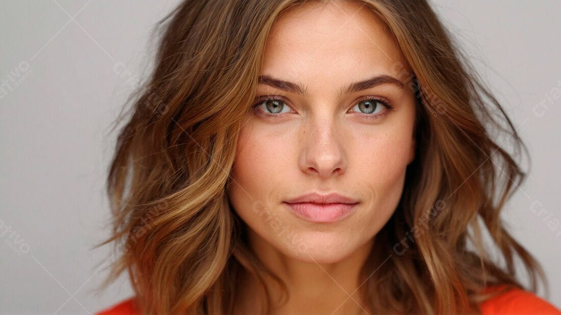Modelo com cabelo castanho e olhos azuis