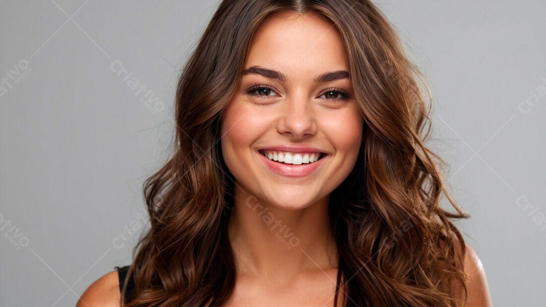 Mulher sorridente cabelo castanho fundo cinza