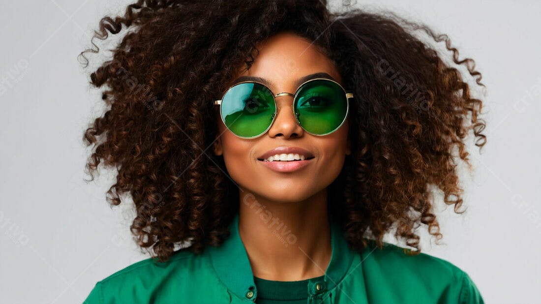 Mulher negra com óculos verdes sorrindo