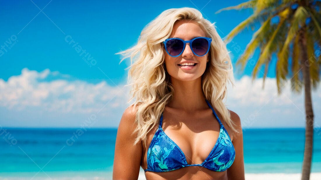 Mulher loira na praia com biquini azul
