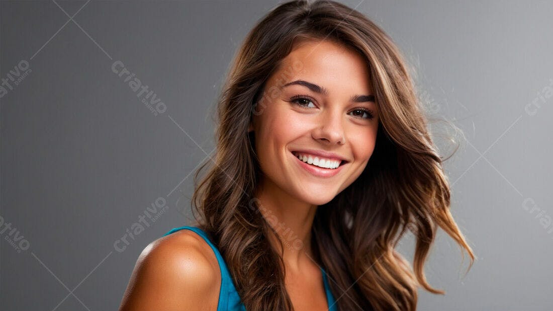 Mulher jovem sorrindo fundo cinza