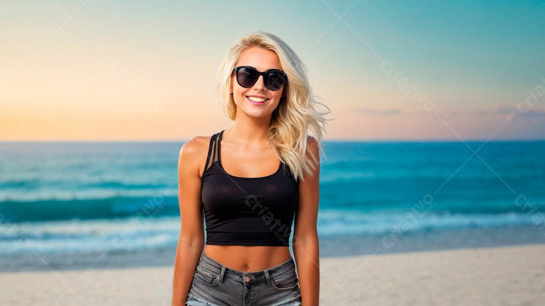 Mulher loira na praia ao entardecer