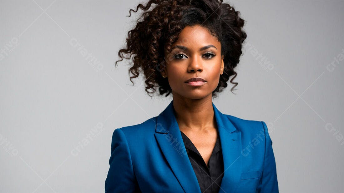 Mulher negra em blazer azul fundo cinza