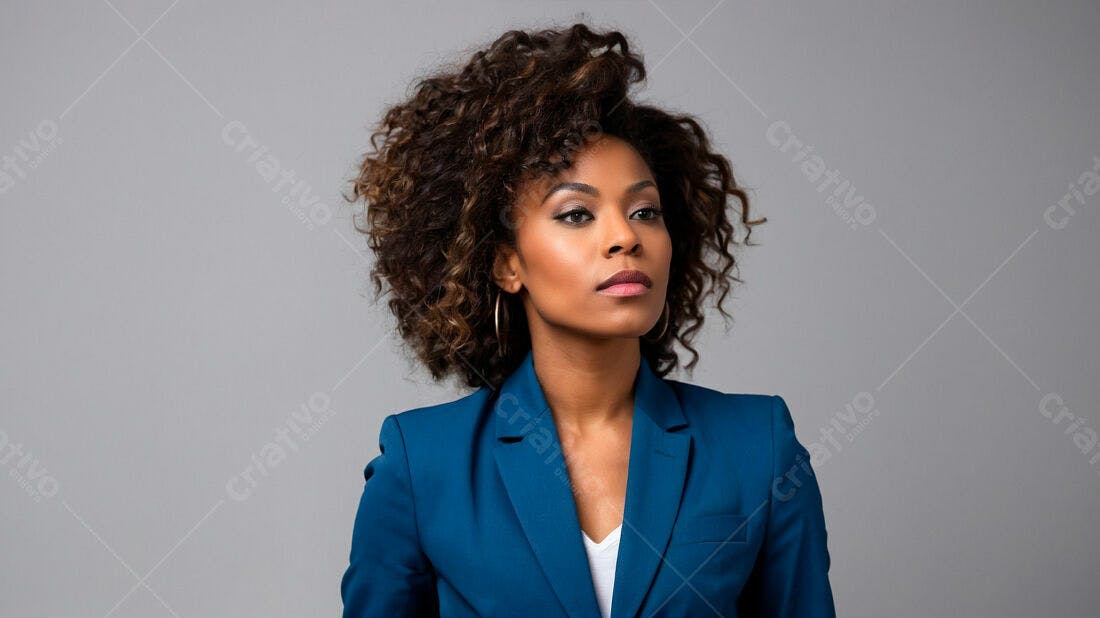 Mulher negra em blazer azul fundo cinza