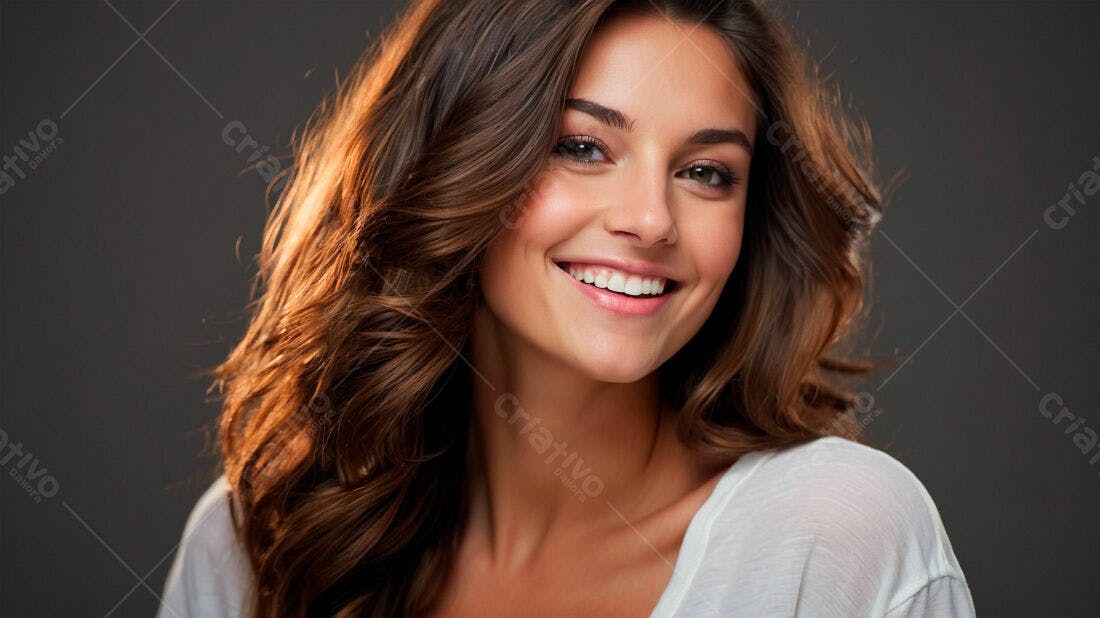 Mulher sorrindo cabelo castanho claro fundo escuro