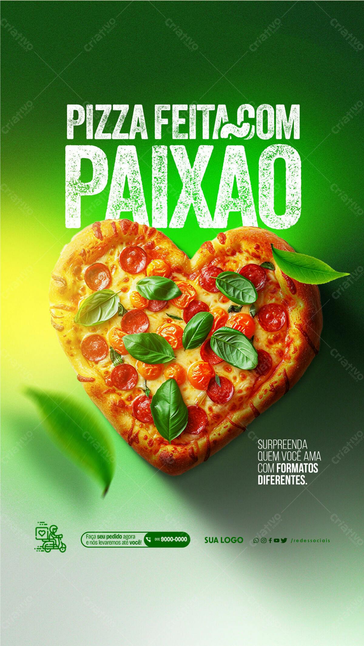 Flyer Dia dos Namorados Pizza em Formato de Coração PSD Editável