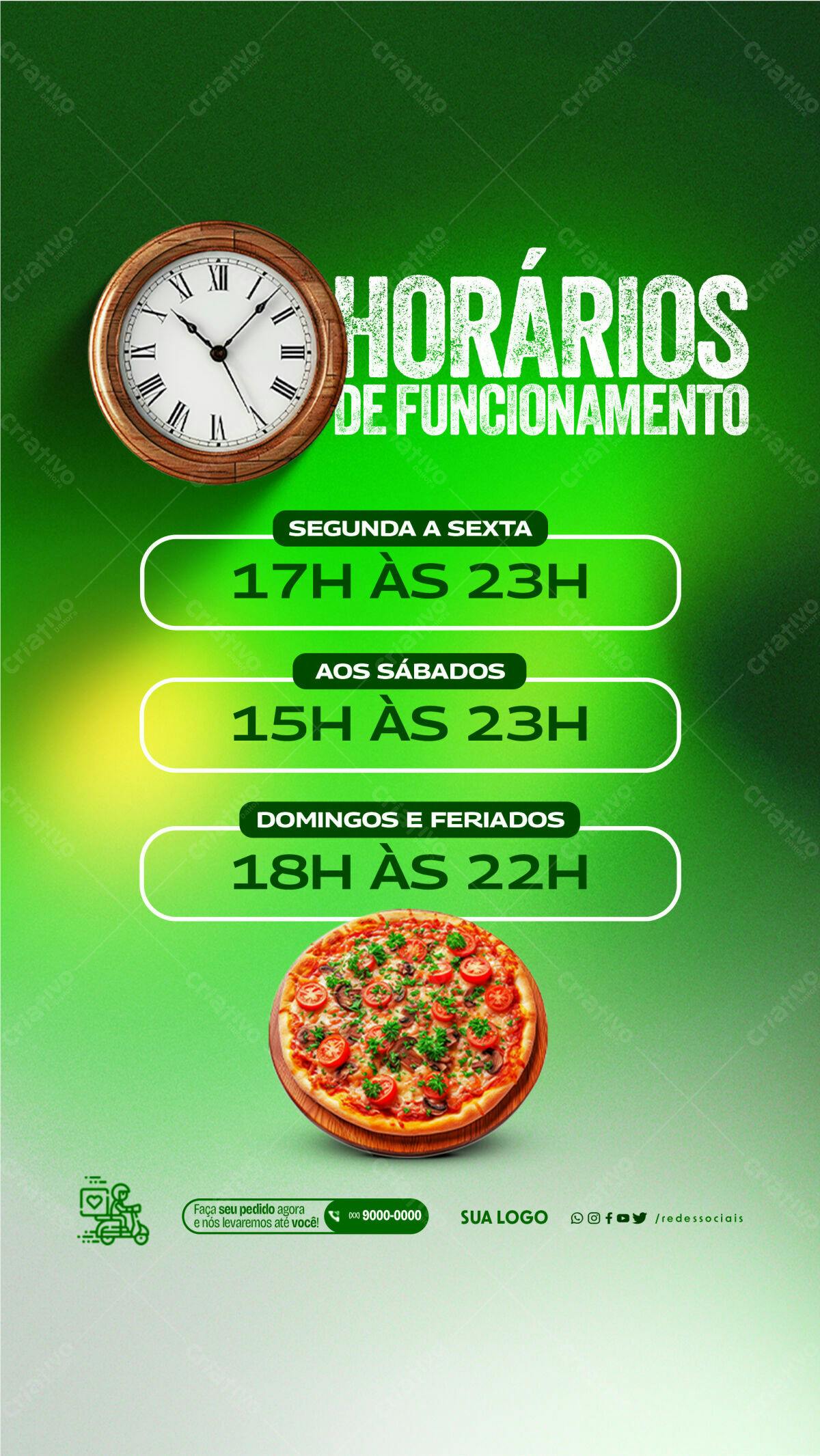 Flyer Horários de Funcionamento Pizzaria PSD Editável