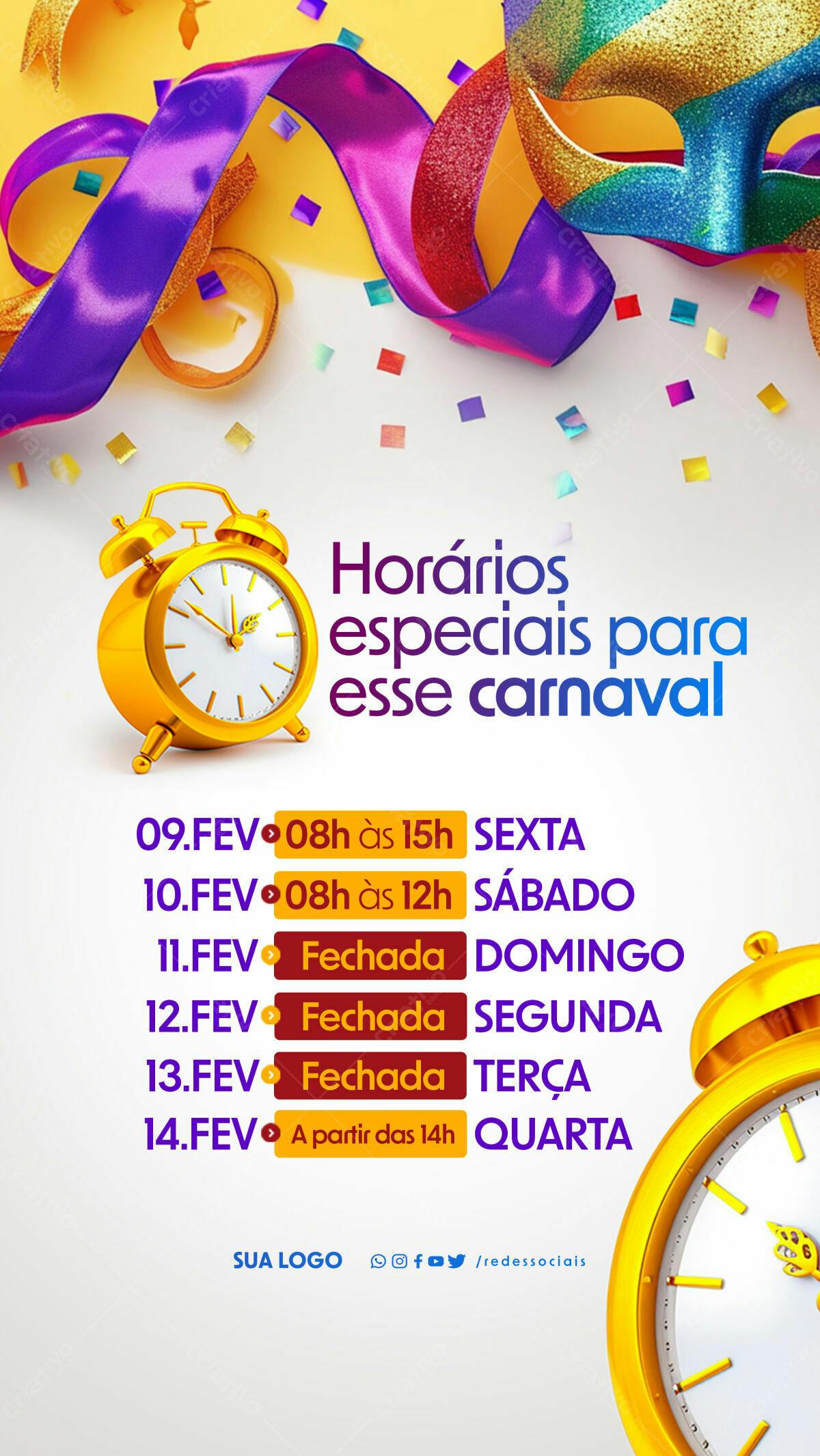 Flyer Carnaval Horários Especiais PSD Editável