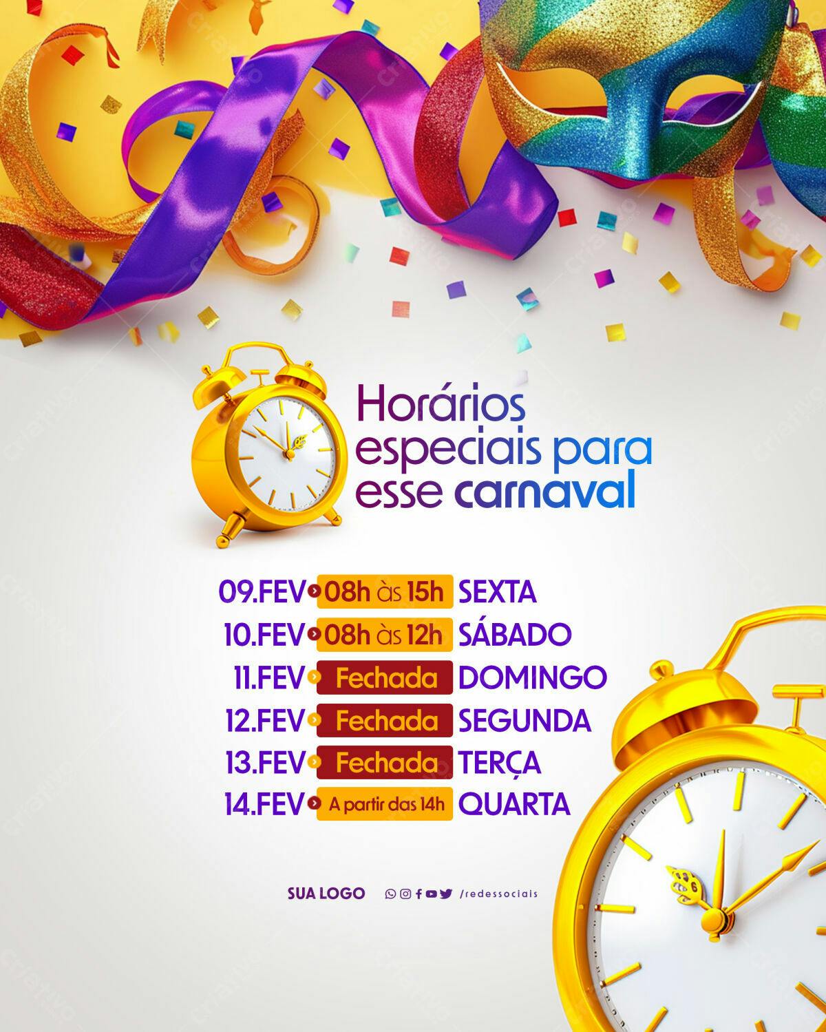 Flyer Carnaval Horários Especiais PSD Editável