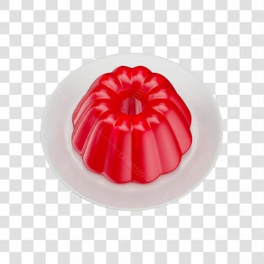 Gelatina vermelha com prato branco em 3d com fundo transparente