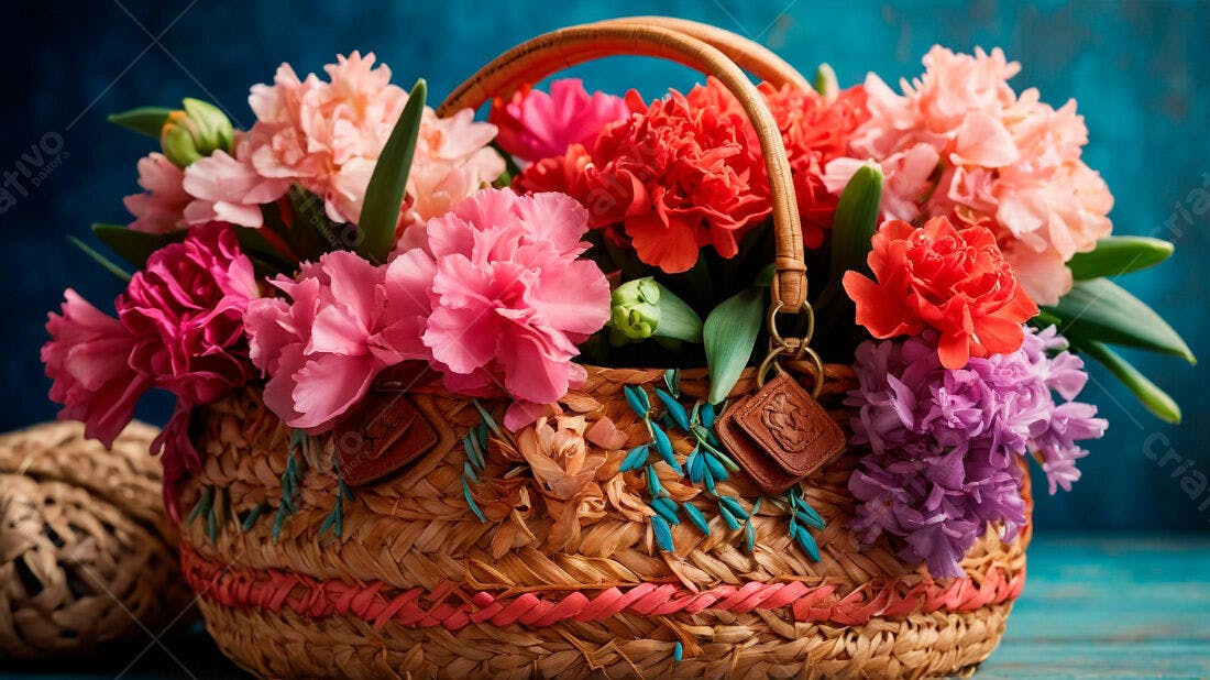 Cesta de flores coloridas em tons rosa e laranja