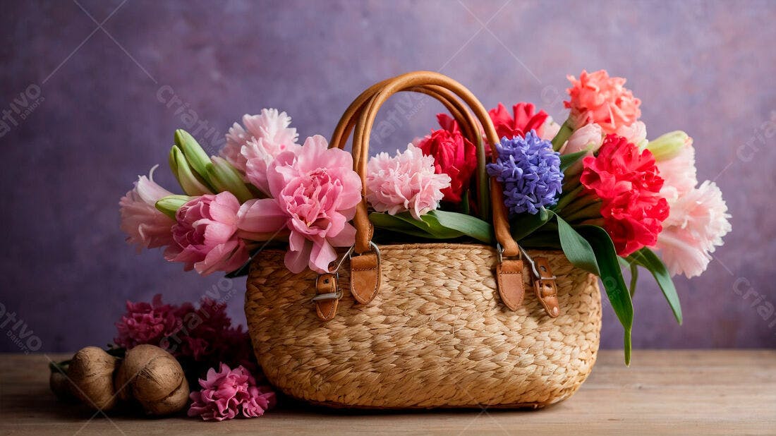 Flores em cesta de vime rústica