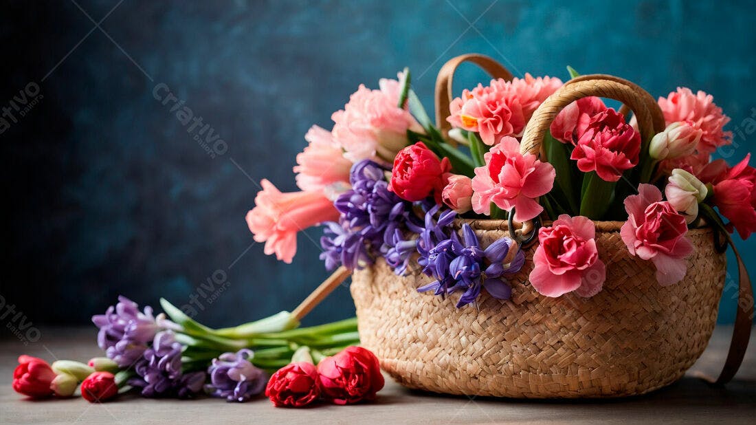 Flores em cesta de vime tons rosa e roxo