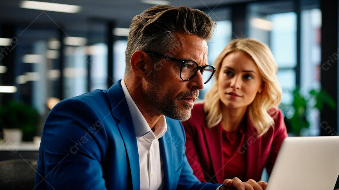 Executivos analisando dados em laptop