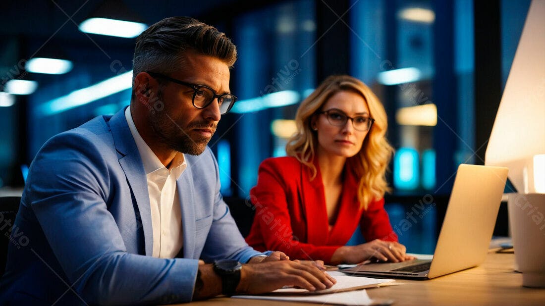 Executivos trabalhando em escritório noturno