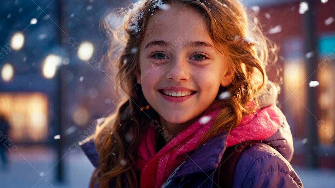 Menina ruiva sorrindo na neve