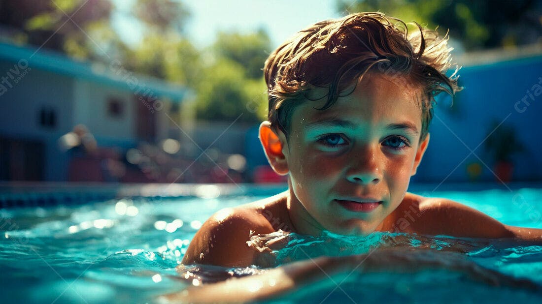 Menino na piscina dia ensolarado