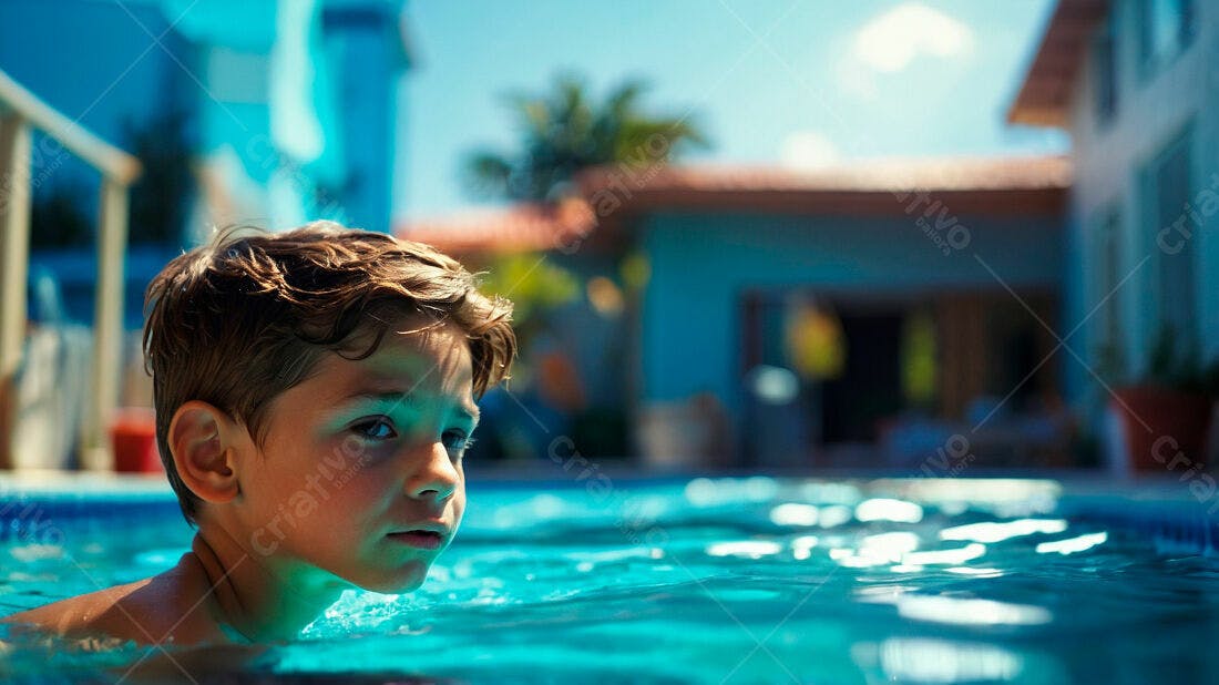 Menino na piscina em dia ensolarado